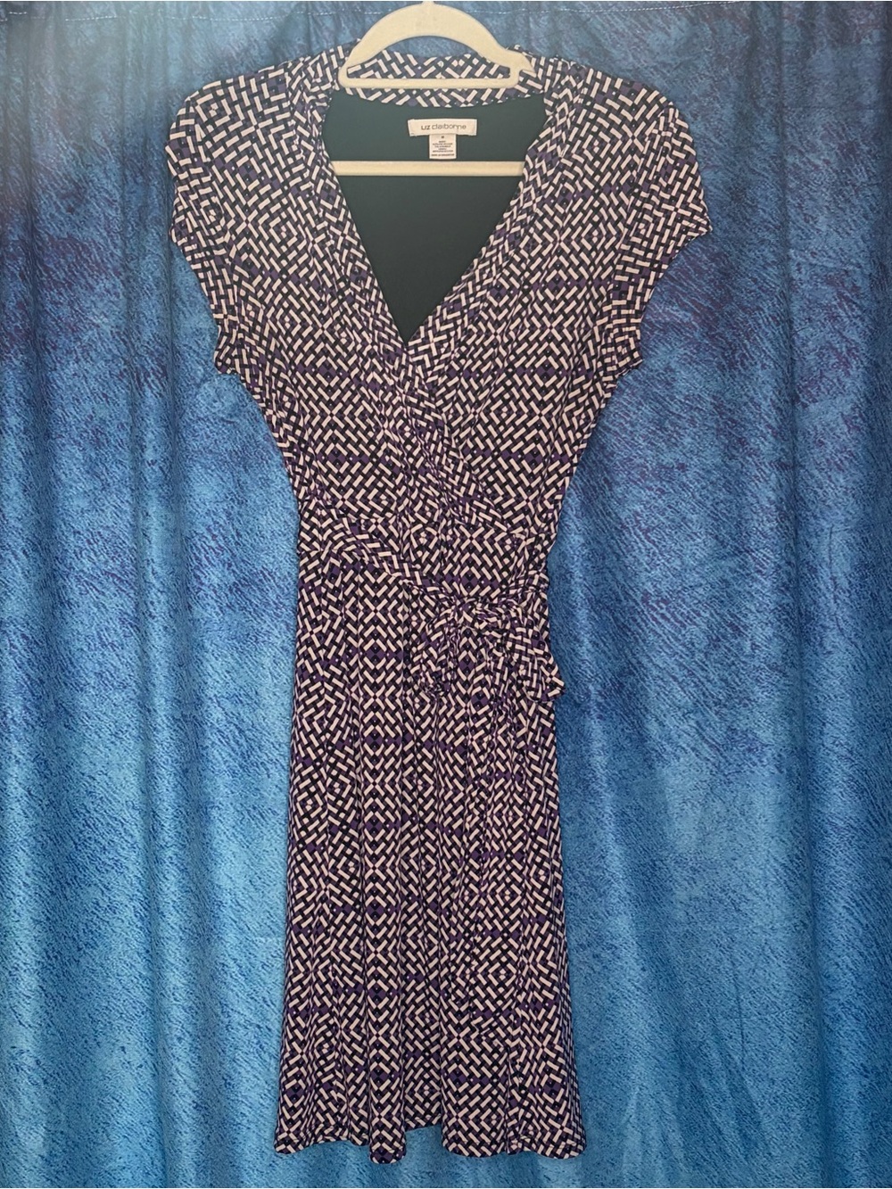 Liz Claiborne Purple and White Geometric Wrap-Style Midi Dress
